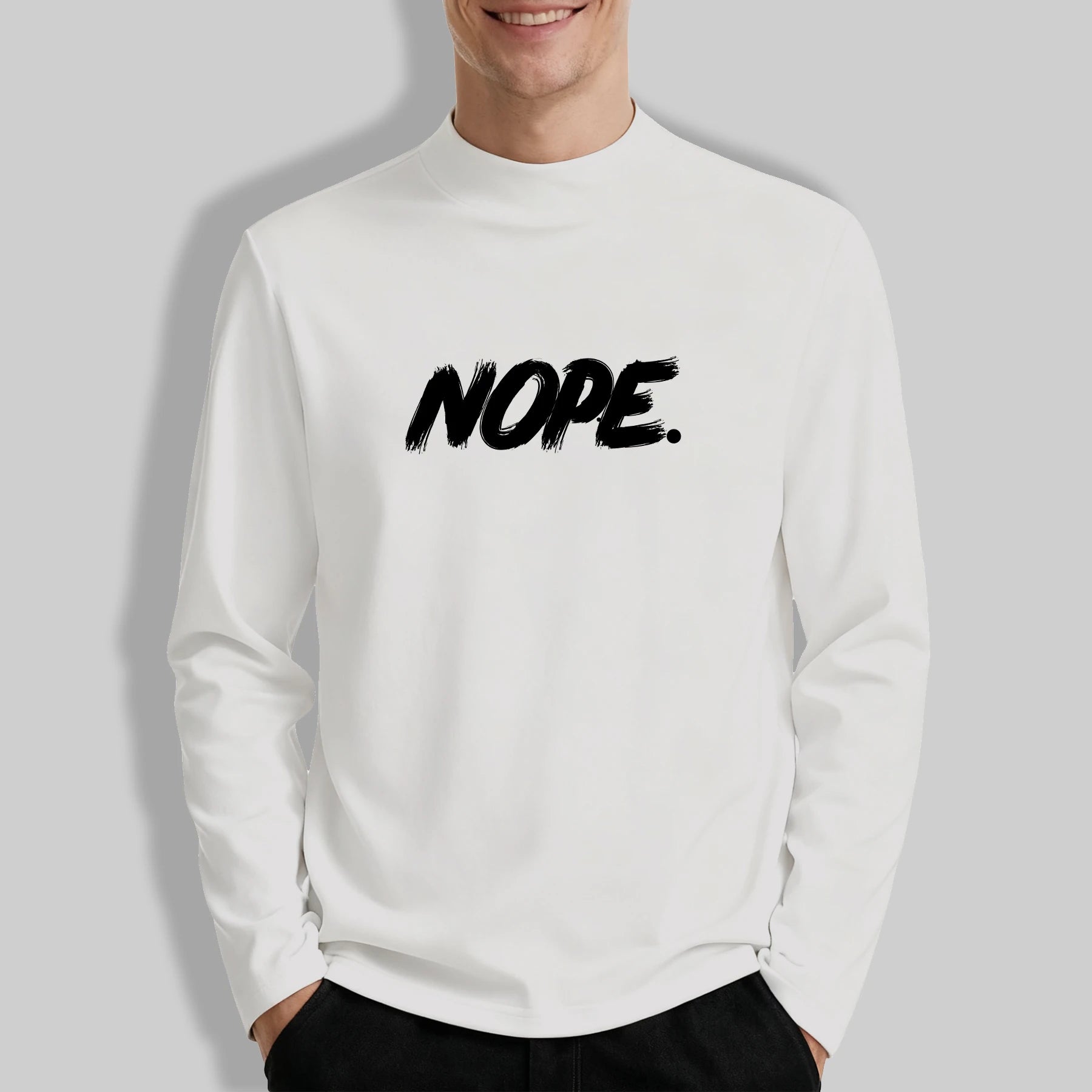 Artistic Letter Nope Print Mock Neck Top For Men Autumn All-Match Outdoor Tee Simple Fashion Clothing Unisex Vintage Long Sleeve