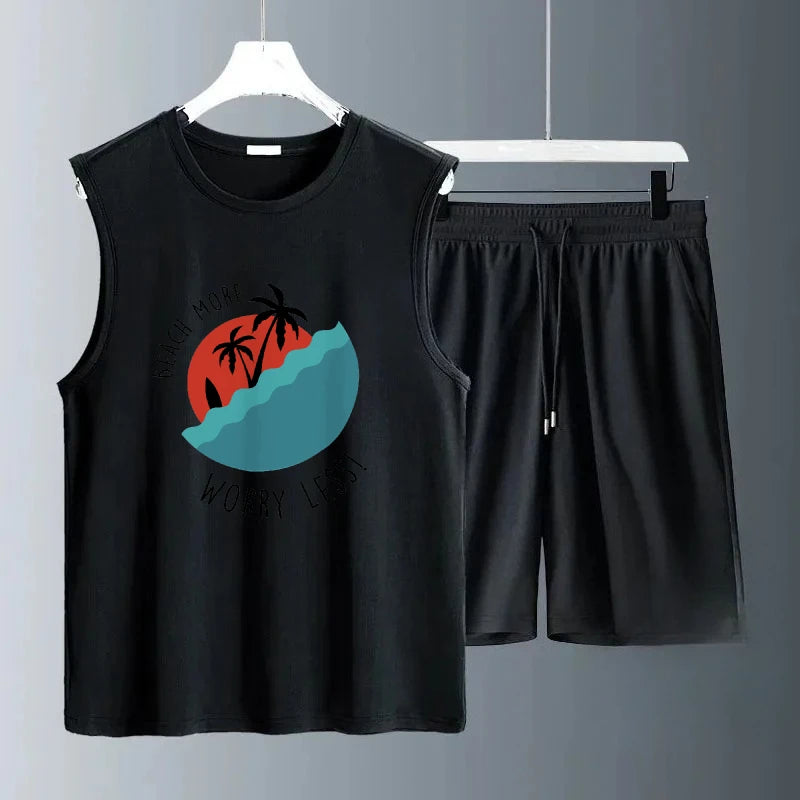 2025 Men Summer Breathable Sleeveless  Half red sun print Set Trendy Casual Wear for Gym Running and Travel luxury men clothing