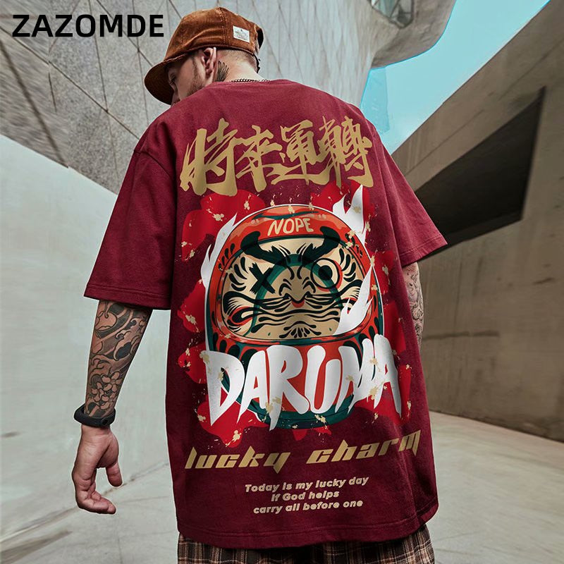 Men's T-Shirts  Chinese Style Lucky Printed Short Sleeve Tshirts Summer Hip Hop Casual Cotton Tops Tees Streetwear