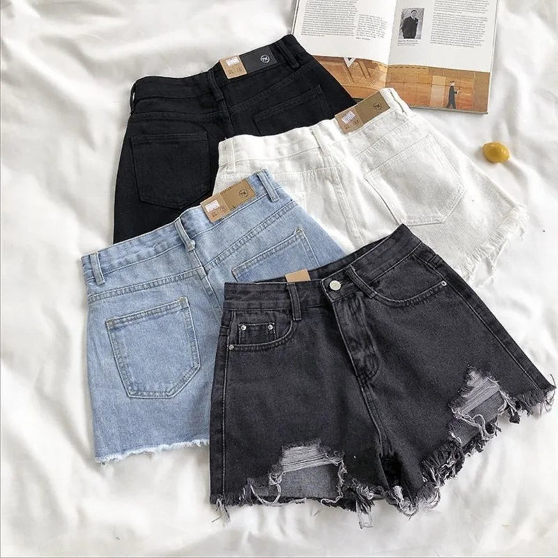 Korean Denim Holes Shorts For Women  Fashion High WaistWide Leg Short Jeans Female Designer Casual Street Short 2025 New Trend
