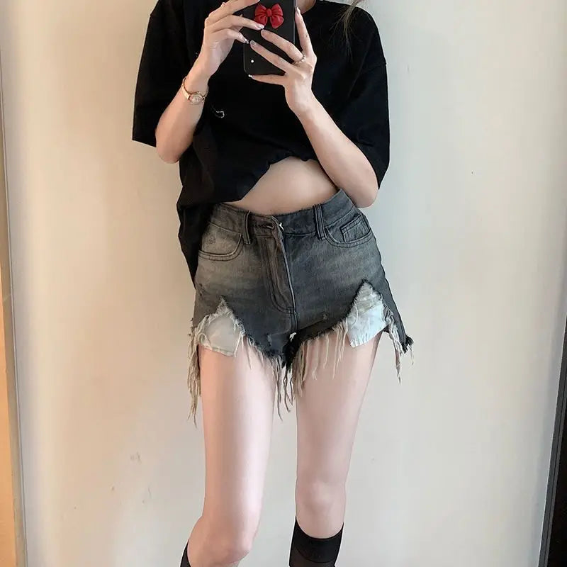 Denim Shorts for Women Fringe Ripped Wide Short Jean Pants Woman Micro Mini Hot Aesthetic Design Streetwear Cheap Youthful Flowy
