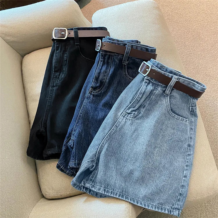 Denim shorts women's summer new trendy Instagram high waist simple slimming loose wide leg versatile A-line hot pants