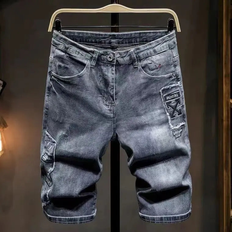 Man Denim Shorts Straight Short Jeans Pants for Men Cowboy Vintage Hip Hop Fitted Thin Rude Designer Distressed Xl Cut Y2k Blue