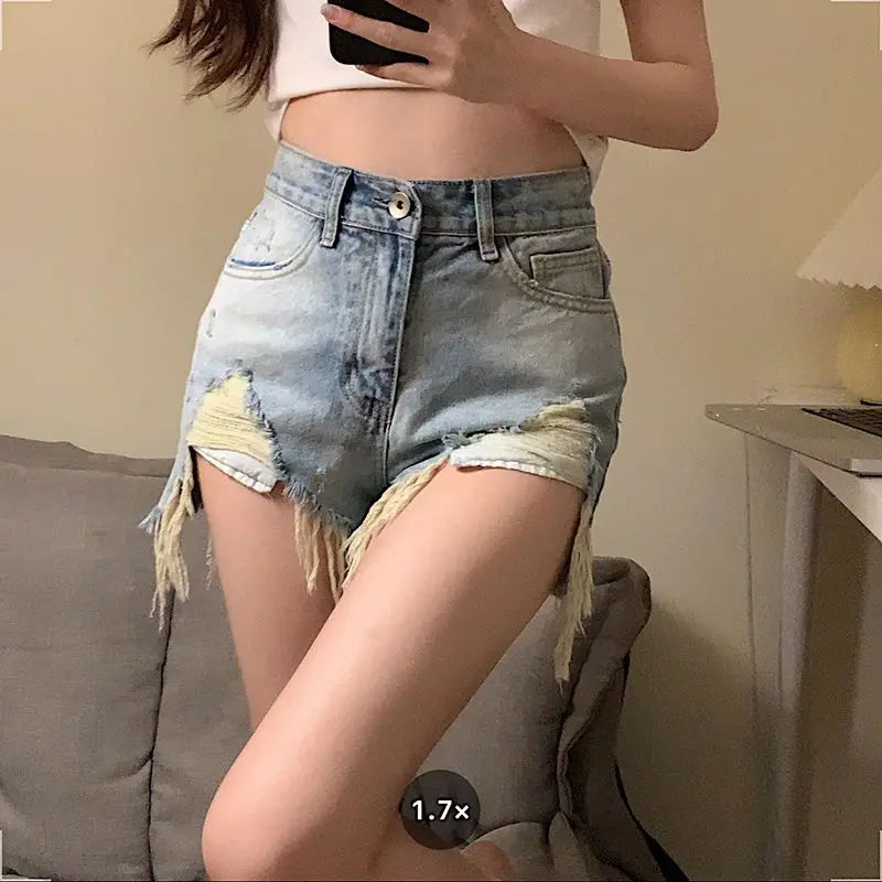 Denim Shorts for Women Fringe Ripped Wide Short Jean Pants Woman Micro Mini Hot Aesthetic Design Streetwear Cheap Youthful Flowy