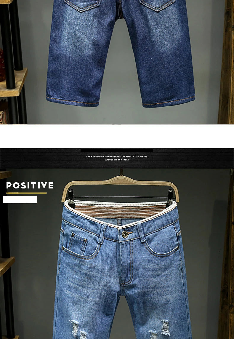 Men Denim Shorts Summer New Style Thin Section Elastic Force Slim Fit Short Jeans Male Brand Clothing Light Blue Retro Blue