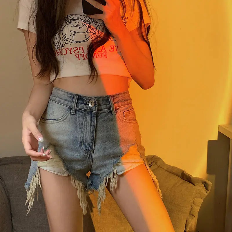 Denim Shorts for Women Fringe Ripped Wide Short Jean Pants Woman Micro Mini Hot Aesthetic Design Streetwear Cheap Youthful Flowy