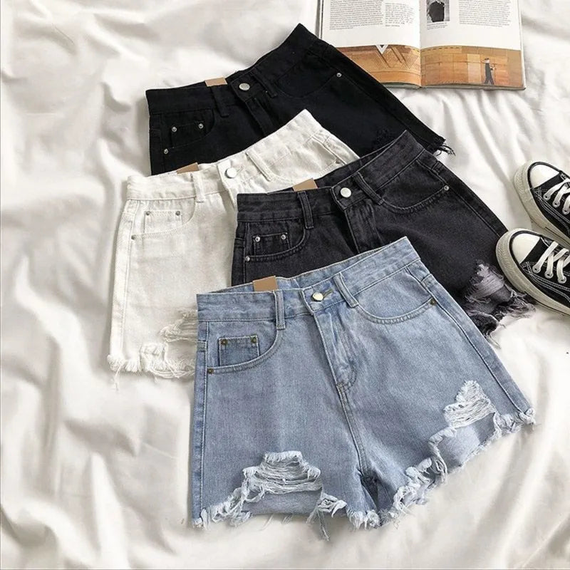 Korean Denim Holes Shorts For Women  Fashion High WaistWide Leg Short Jeans Female Designer Casual Street Short 2025 New Trend