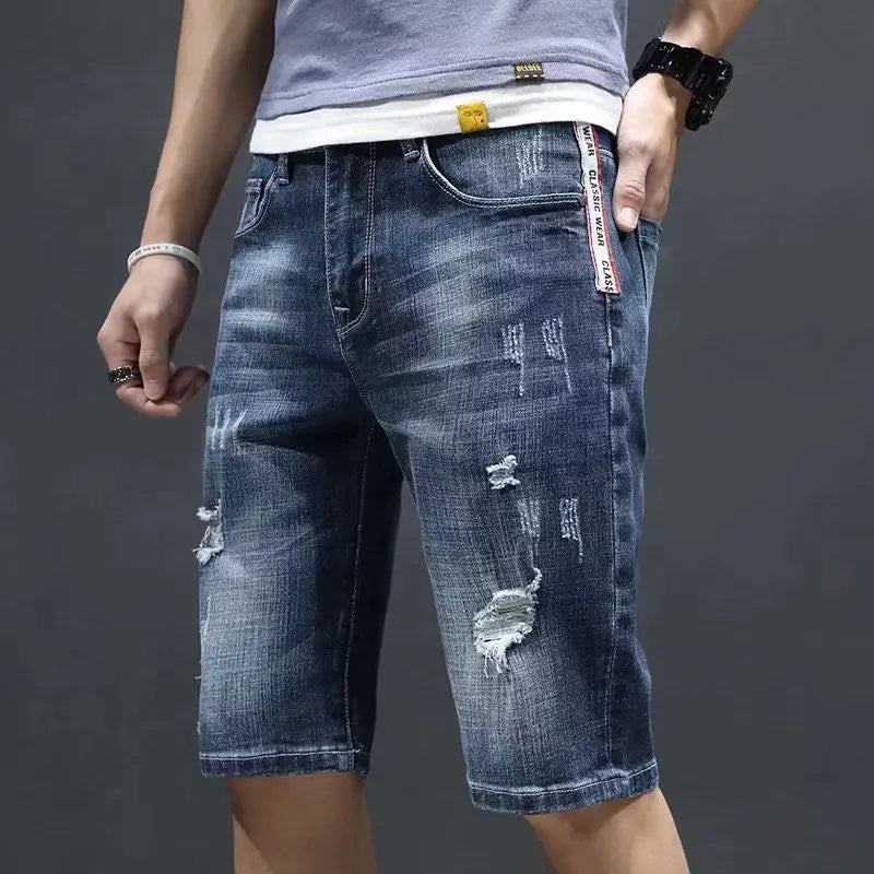 Man Denim Shorts Straight Short Jeans Pants for Men Cowboy Vintage Hip Hop Fitted Thin Rude Designer Distressed Xl Cut Y2k Blue