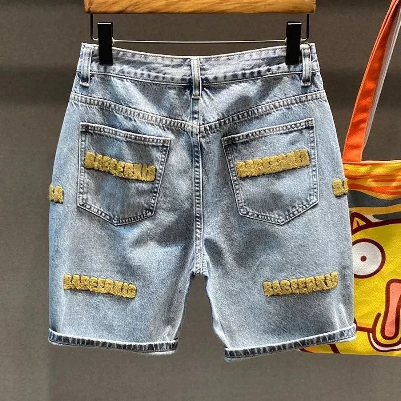 Man Denim Shorts With Text Short Jeans Pants For Men Graphic Blue Retro Harajuku Streetwear New In Wide Buttons Trend Unique Xl