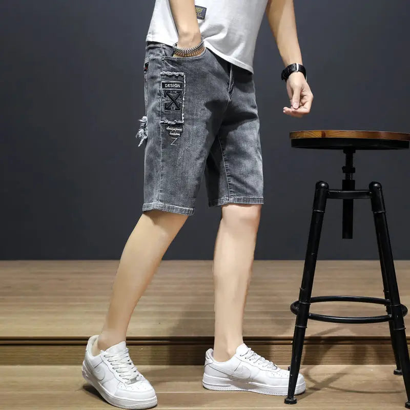 Man Denim Shorts Straight Short Jeans Pants for Men Cowboy Vintage Hip Hop Fitted Thin Rude Designer Distressed Xl Cut Y2k Blue