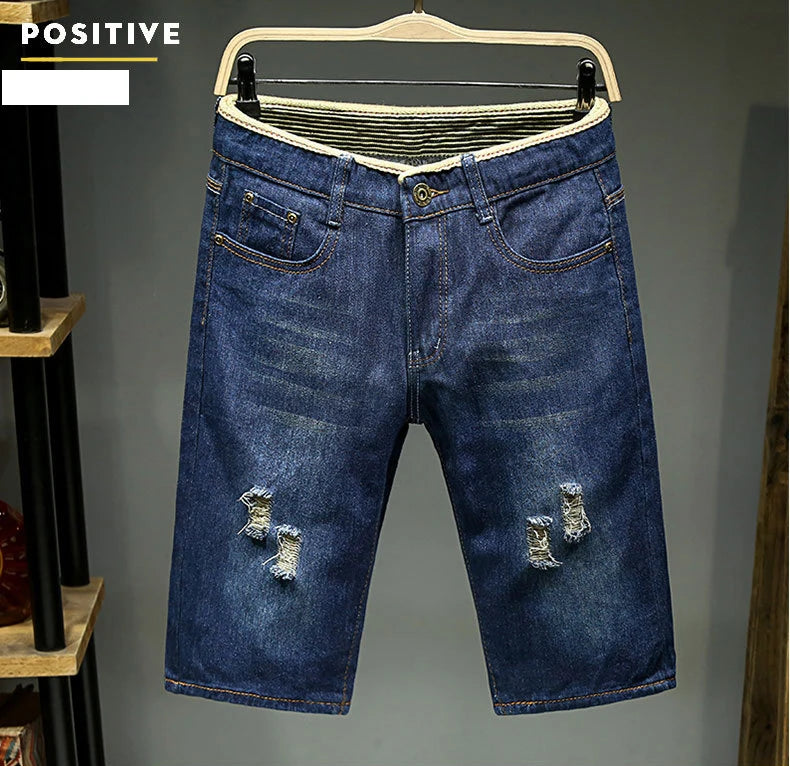 Men Denim Shorts Summer New Style Thin Section Elastic Force Slim Fit Short Jeans Male Brand Clothing Light Blue Retro Blue
