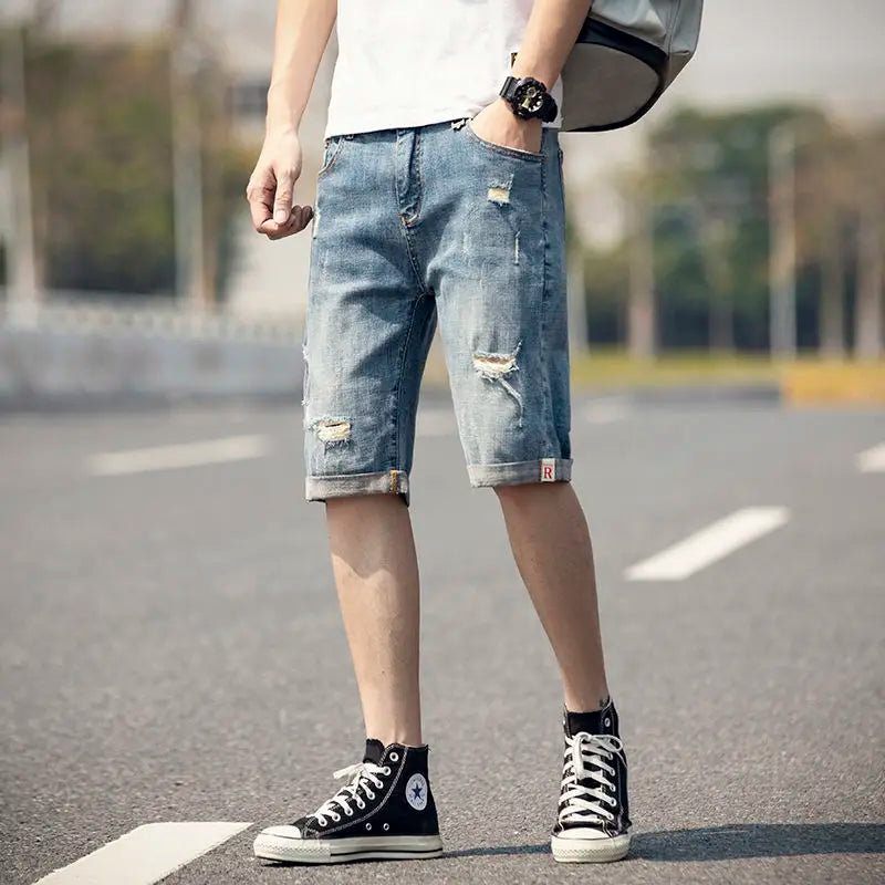 Man Denim Shorts Straight Short Jeans Pants for Men Cowboy Vintage Hip Hop Fitted Thin Rude Designer Distressed Xl Cut Y2k Blue