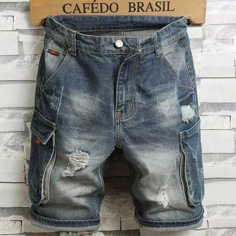 Man Denim Shorts Ripped Short Jeans Pants for Men Blue Straight with Pockets Harajuku Vintage Buttons Sale Original Trend 2025