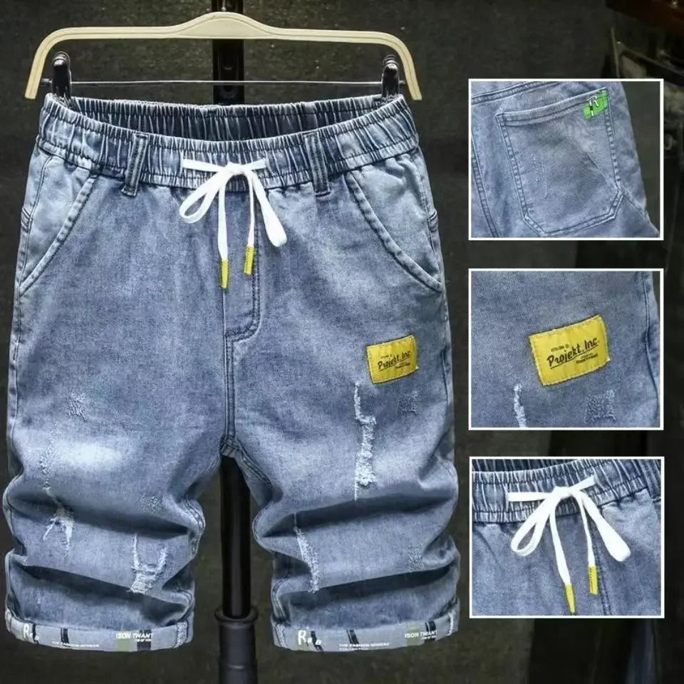 Man Denim Shorts Ripped Short Jeans Pants for Men Blue Straight with Pockets Harajuku Vintage Buttons Sale Original Trend 2025