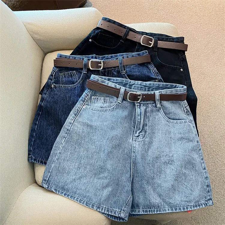 Denim shorts women's summer new trendy Instagram high waist simple slimming loose wide leg versatile A-line hot pants