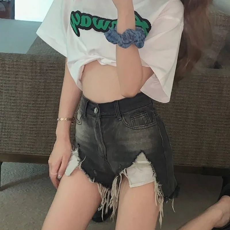 Denim Shorts for Women Fringe Ripped Wide Short Jean Pants Woman Micro Mini Hot Aesthetic Design Streetwear Cheap Youthful Flowy