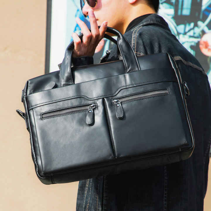 NNEDSZ Black Men's Genuine Leather Briefcase - Classic Business Messenger Bag-1