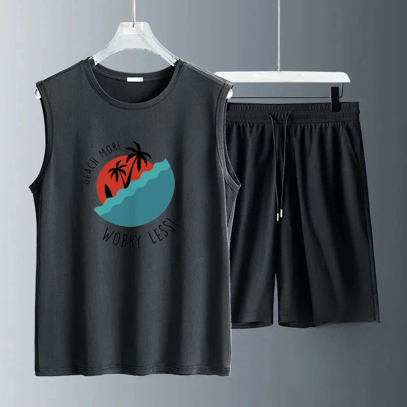 2025 Men Summer Breathable Sleeveless  Half red sun print Set Trendy Casual Wear for Gym Running and Travel luxury men clothing