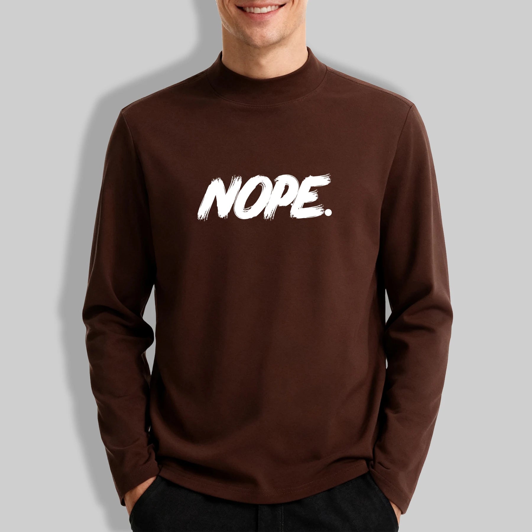 Artistic Letter Nope Print Mock Neck Top For Men Autumn All-Match Outdoor Tee Simple Fashion Clothing Unisex Vintage Long Sleeve
